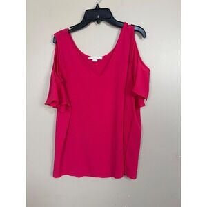 C&E Womens Pink Cold Shoulder Flutter Sleeve V-Neck Blouse Top Large Magenta